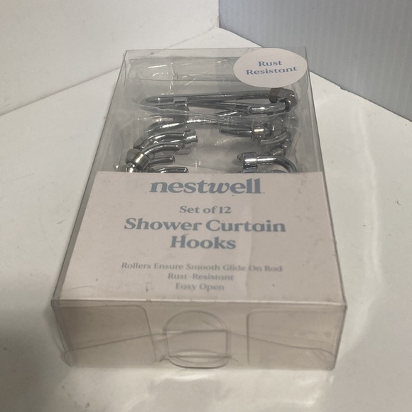 NESTWELL Silver Shower Curtain Hooks with Rollers Full Closure Set of 12 - Picture 8 of 11